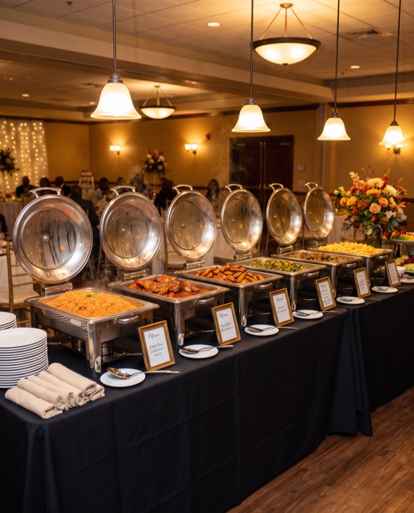 A catering buffet in a decorated hall: chafing dishes of jollof rice, stewed chicken, fried plantain and vegetables along a navy-clothed table, with stacked plates, rolled napkins and menu cards