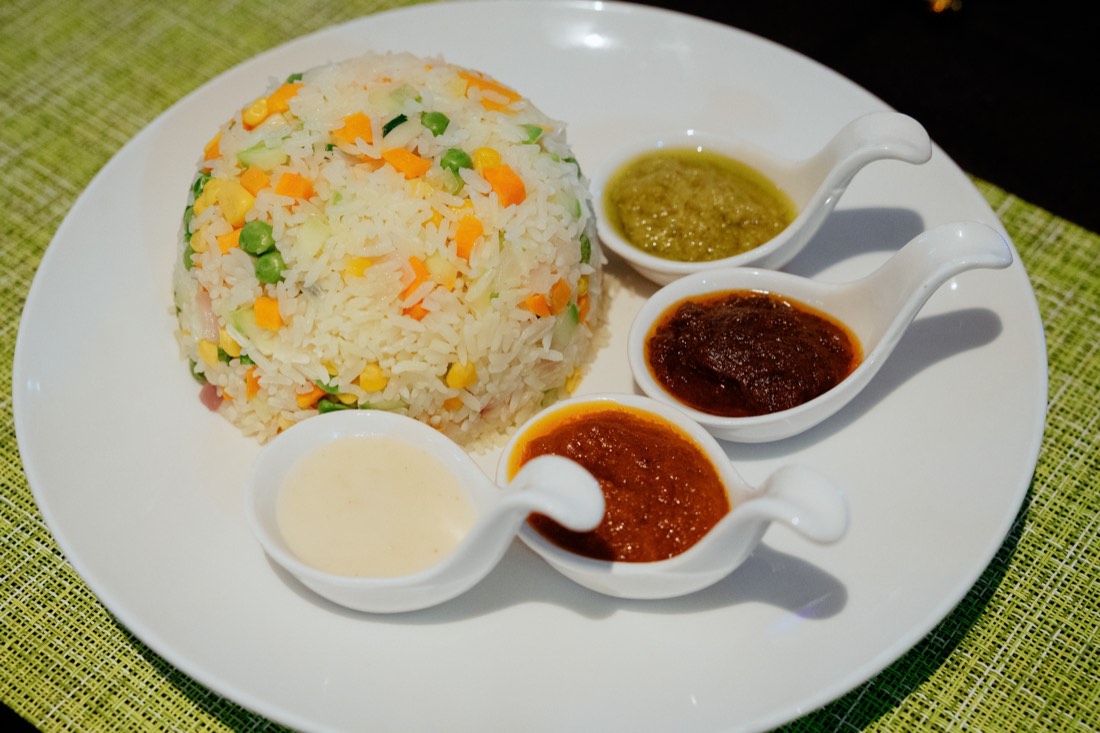 Vegetable fried rice with four dipping sauces
